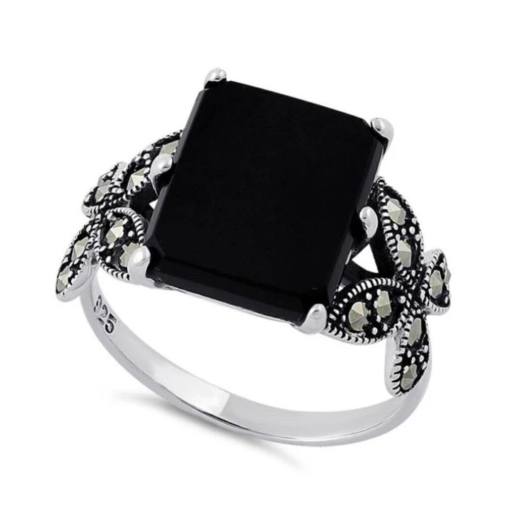 Sterling Silver Black Onyx Square Butterfly Marcasite Ring New